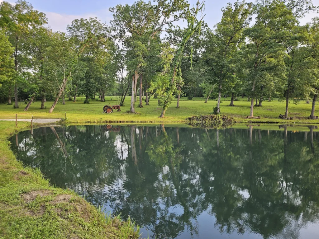 The pond with an antique tractor on the bank at Inner Peace and Happiness Ranch