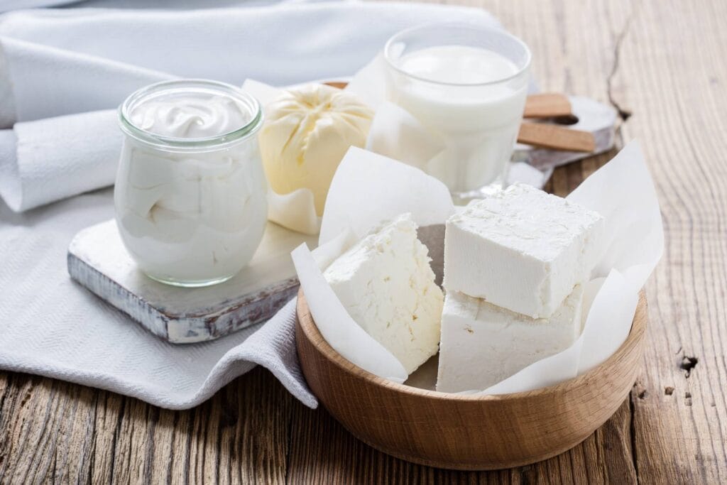 dairy products on wooden table