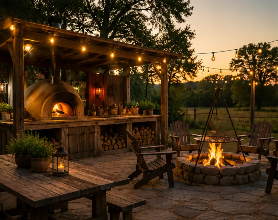 Outdoor Rustic Kitchen and Fire Pit