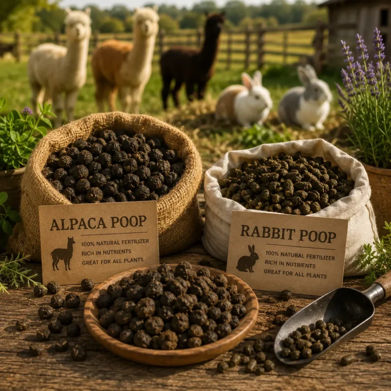 Natural alpaca and rabbit manure fertilizer pellets from IPHR