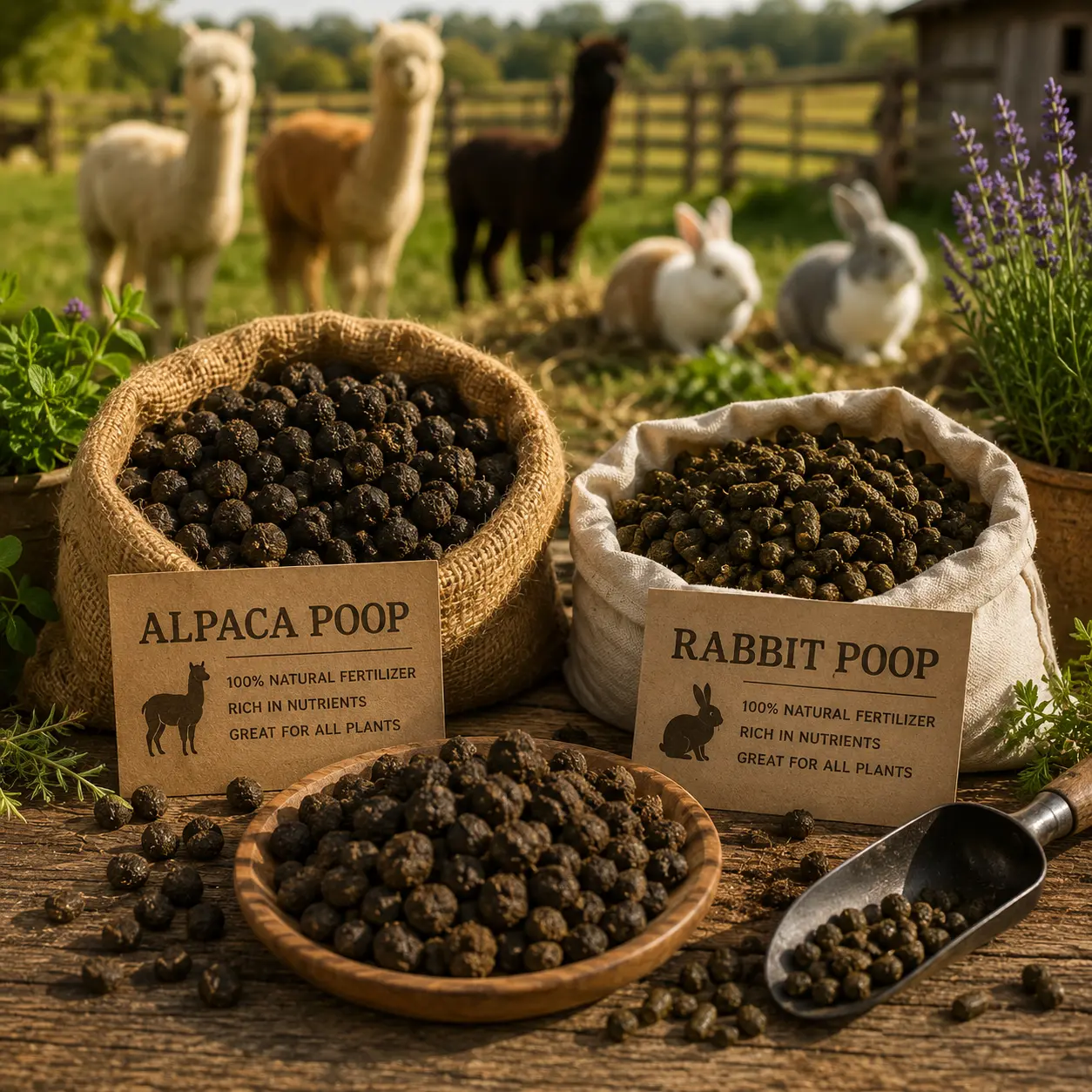 Natural alpaca and rabbit manure fertilizer pellets from Inner Peace and Happiness Ranch