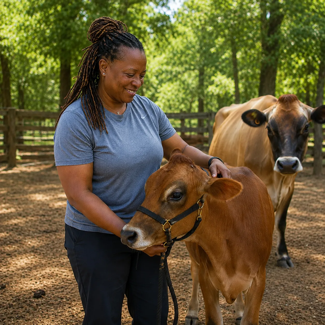 Dr. Rosalind Smith caring for Bella, the Jersey cow, at Doc's Dairy Farm