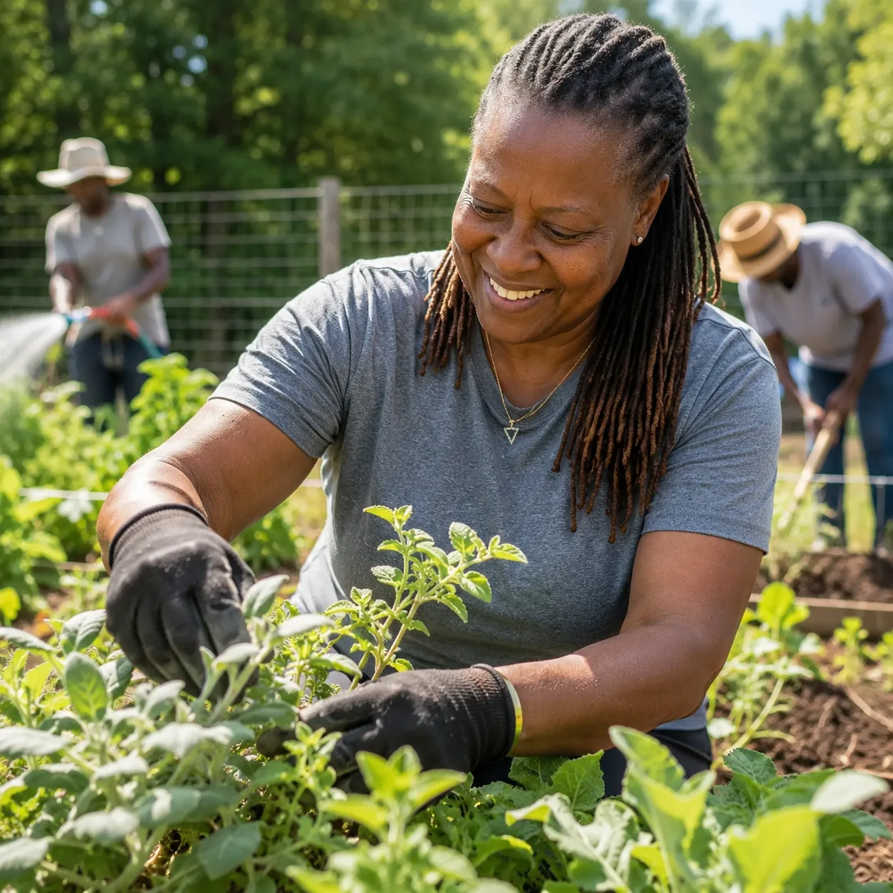 A farmer tending fresh organic vegetables and herbs in the garden at Inner Peace and Happiness Ranch