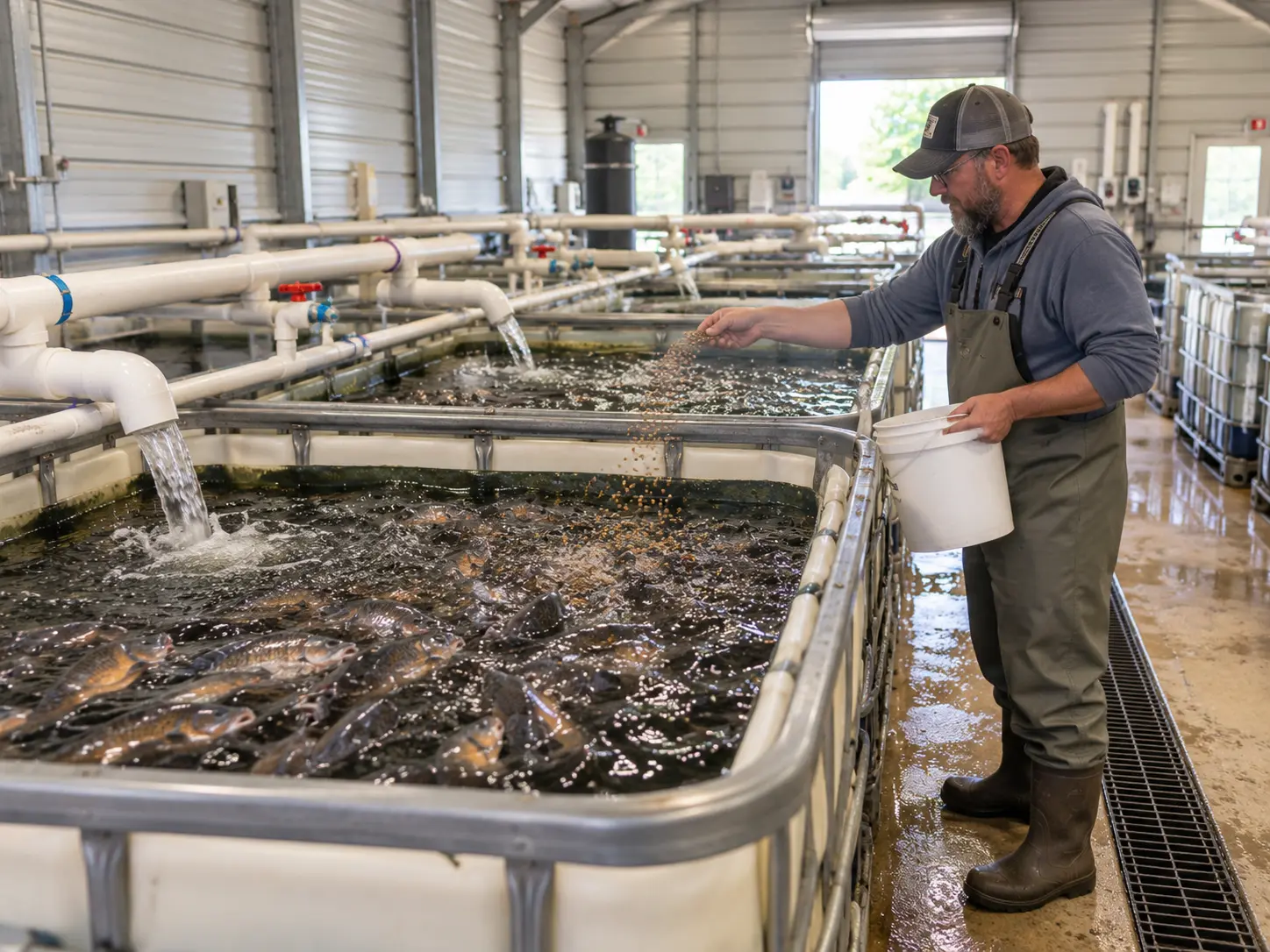 Inside the indoor aquaculture system at 2 Fish & 5 Loaves Fish Farm in Coldspring, Texas